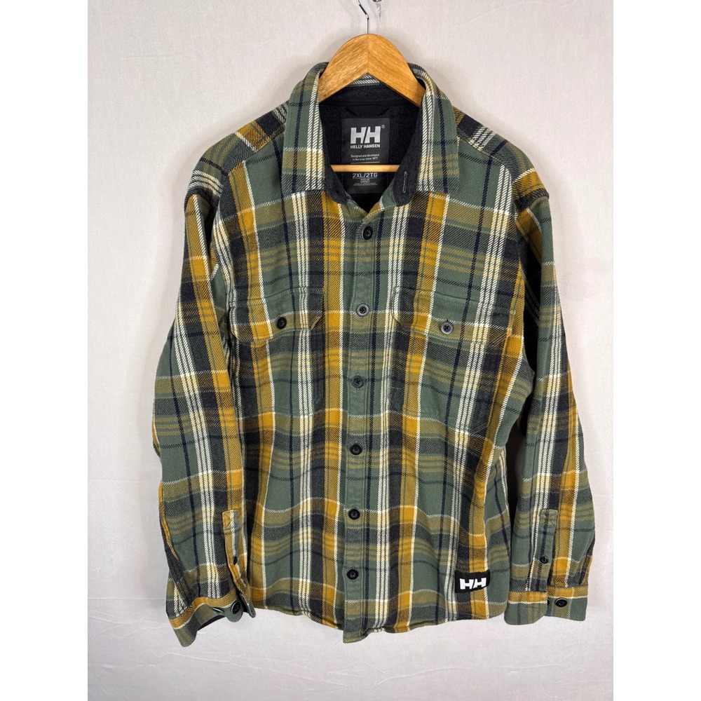 Helly Hansen Mens 2XL Green Yellow Plaid Flannel Long‎ Sleeve Button Down Shirt